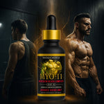Supplement bottle labeled 'MYO-11' with muscular individuals in the background