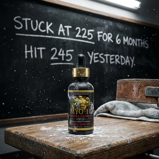 Bottle of MYO-1 on a wooden table with a chalkboard background