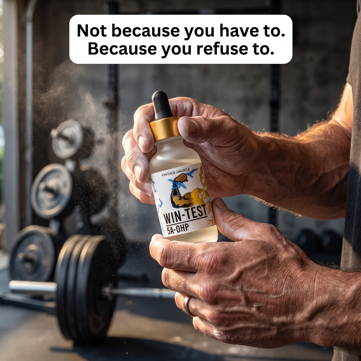 A lifter's hands opening a Vintage Muscle tincture in a garage gym