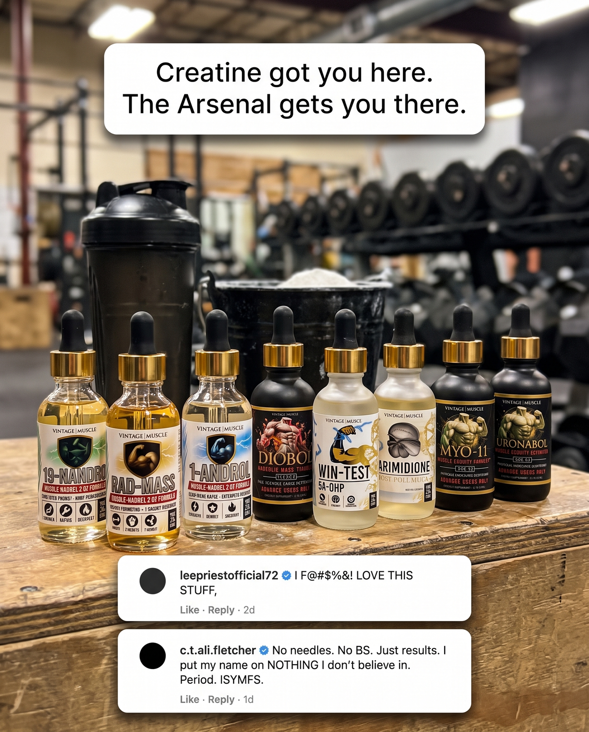 All nine Full Arsenal tinctures lined up on a gym counter — creatine got you here, the Arsenal gets you there